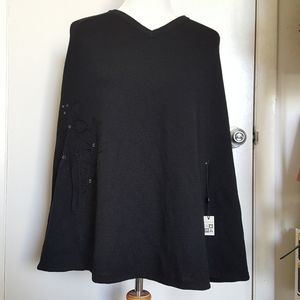 Max Studio Embroidered Black Sweater Poncho OS